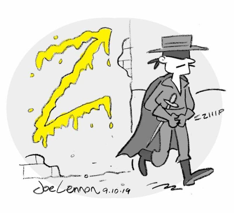 Cartoon of a man in a trench coat and hat walking past a yellow lightning bolt.