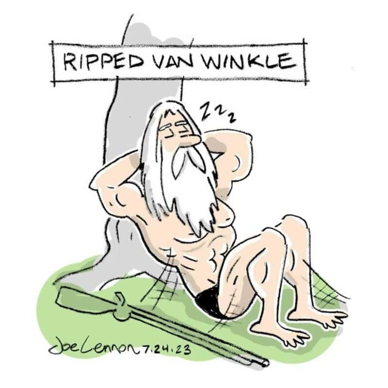 Cartoon of a muscular, bearded man sleeping under a sign that says 'RIPPED VAN WINKLE'.