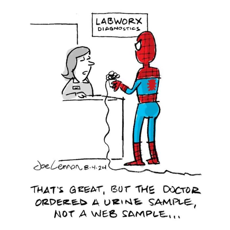 Spider-Man at LabWORX Diagnostics, talking to a nurse about urine sample.