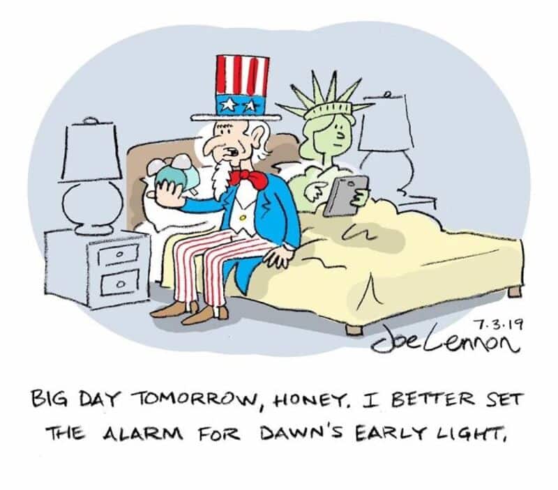 Cartoon of Uncle Sam and the Statue of Liberty in bed, with Uncle Sam holding a cupcake.