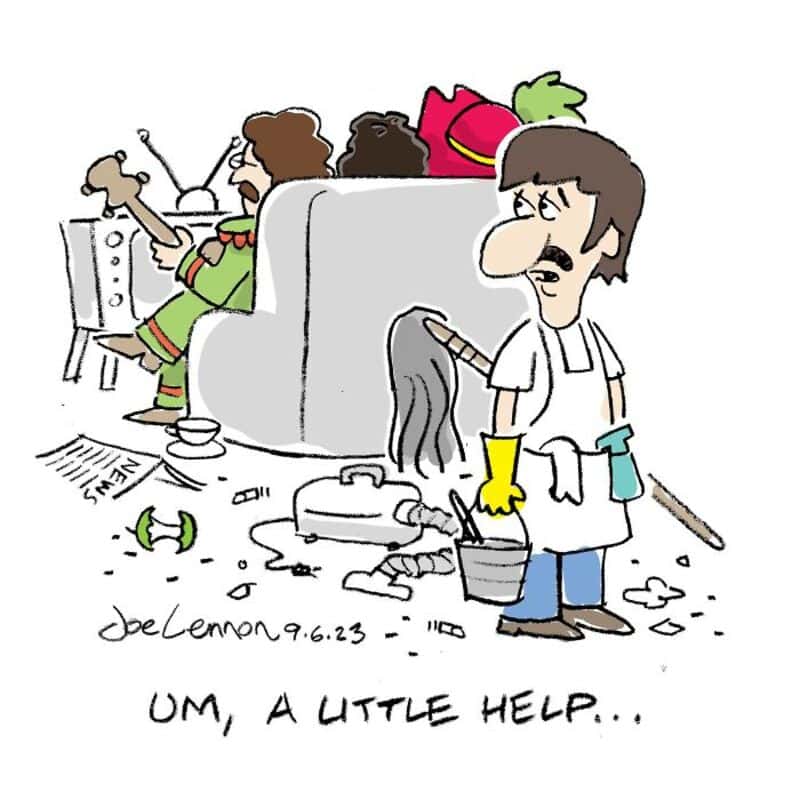 Cartoon of a messy room with a man in yellow gloves and a woman with long hair.