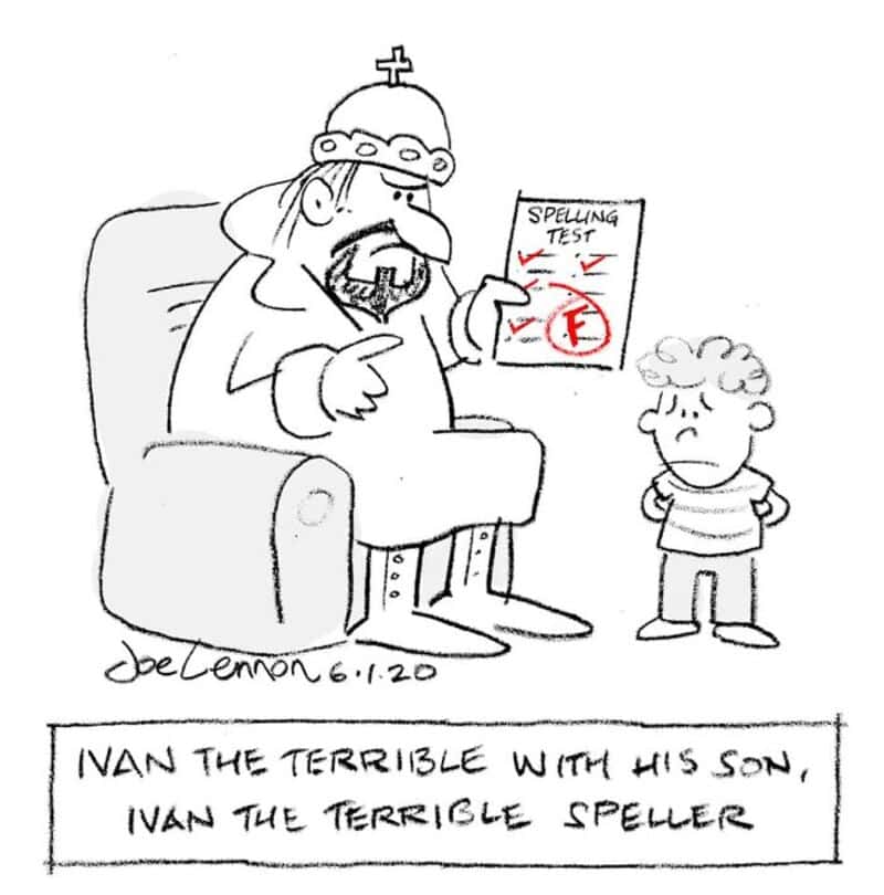 King with crown and beard gives spelling test to boy, showing F grade.