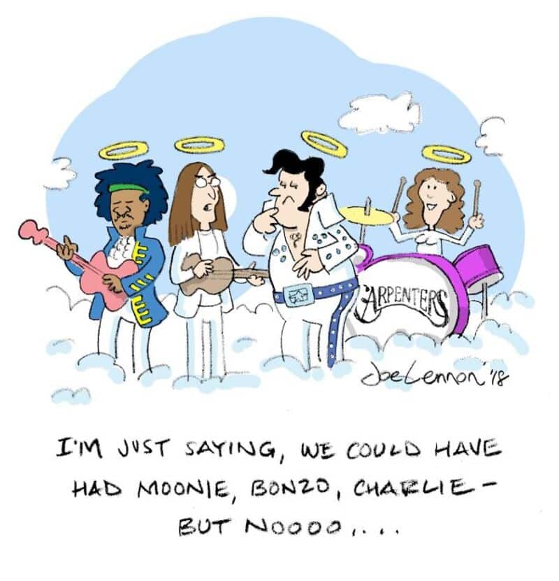 Cartoon of The Beatles as angels with halos, playing instruments, with a drum labeled 'Arpenteers'.