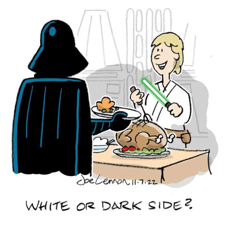 Darth Vader and Luke Skywalker at a dinner table with a turkey, cartoon style.