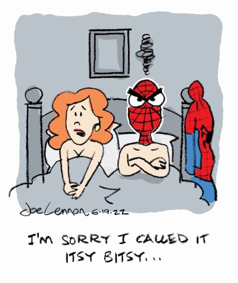 Spider-Man in bed with a woman, saying 'I'm sorry I called it itsy bitsy...'.