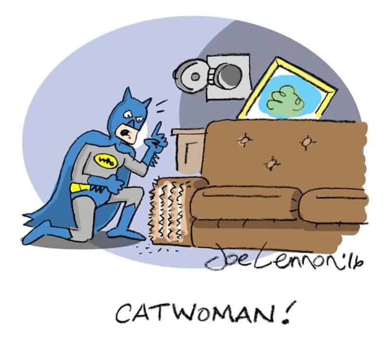 Batman as Catwoman, pointing at a picture of a green cat, with a signature and caption.