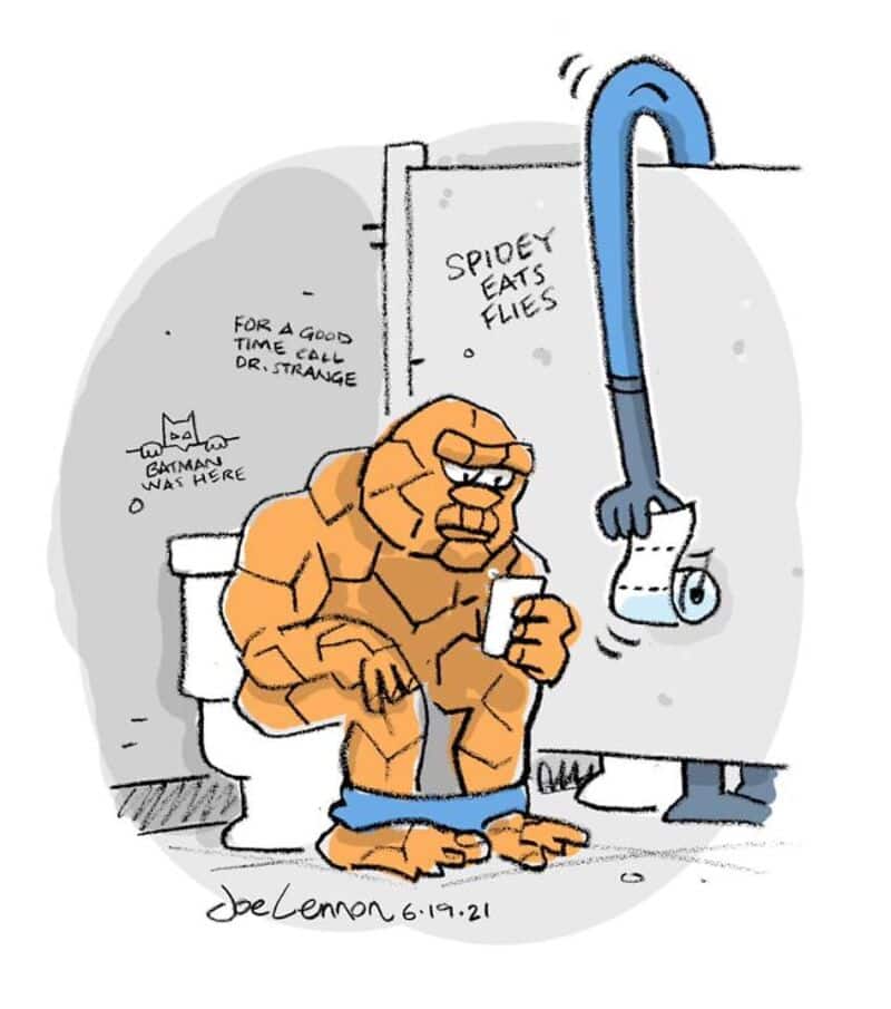 The Thing from Marvel reading a phone on the toilet, with a Spider-Man poster and a note about Dr. S.