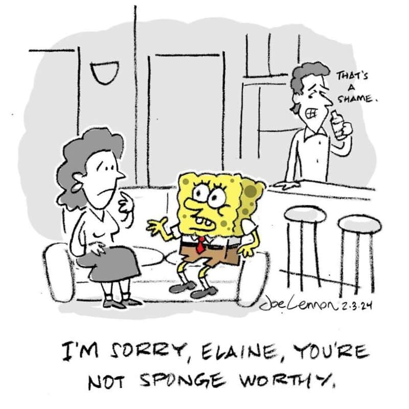 SpongeBob apologizes to Elaine, saying she's not sponge worthy, in a comic scene.