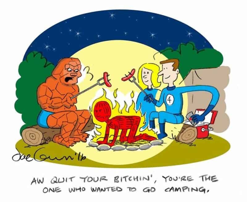 Cartoon of four characters camping around a fire, with a lion and a dog, under a starry night.
