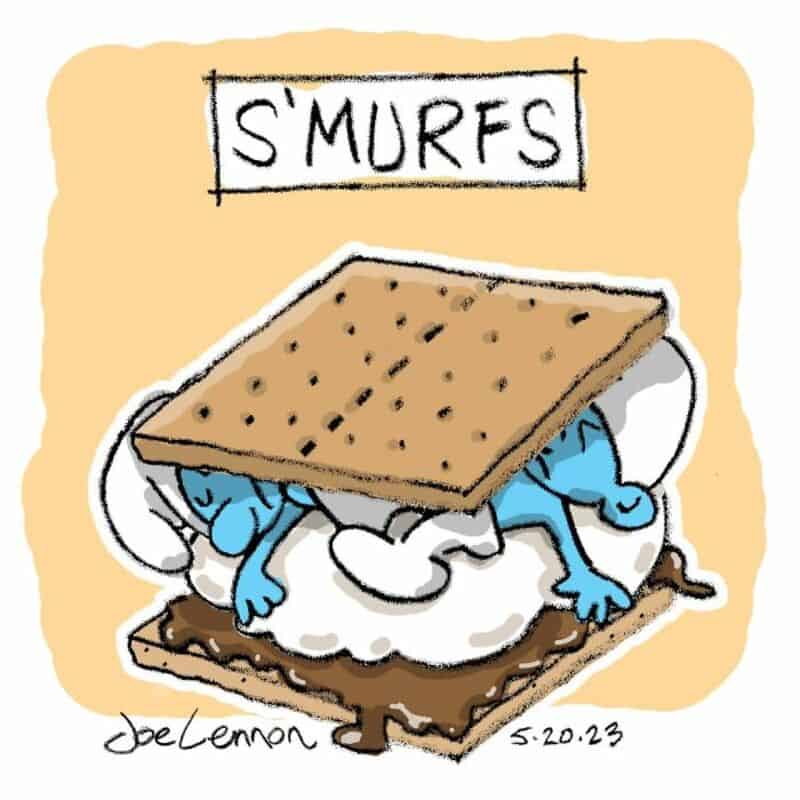 Cartoon of a blue Smurf with a graham cracker on its head, sitting on a marshmallow, with a sign 'S`.