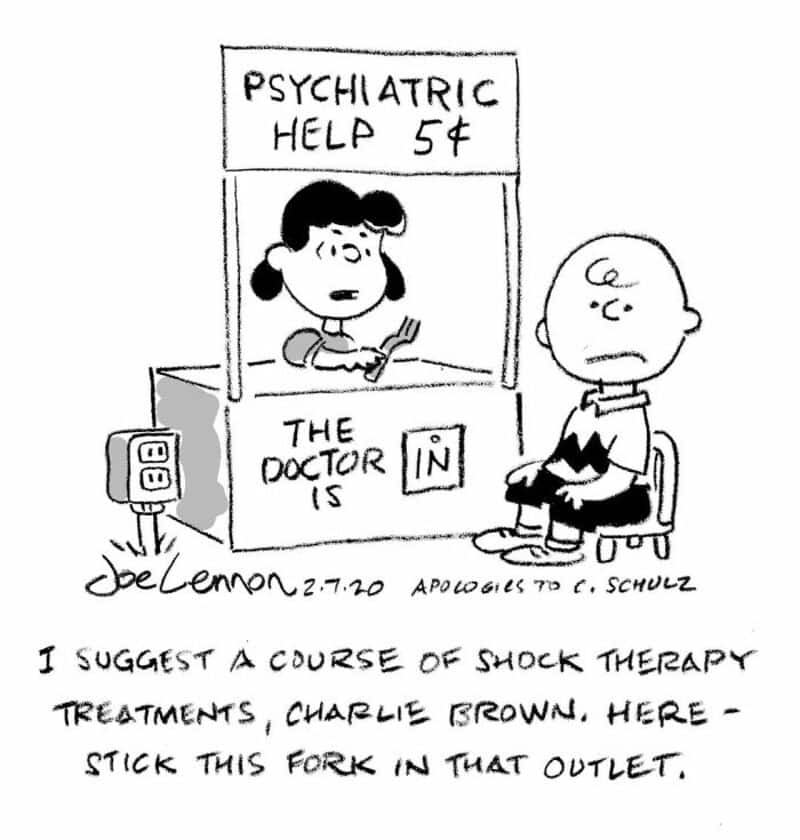 Peanuts comic with Charlie Brown at psychiatric help booth, doctor says 'The doctor is in'.