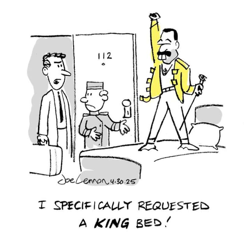 Cartoon of a man in a yellow jacket on a bed, with two other men outside the door.
