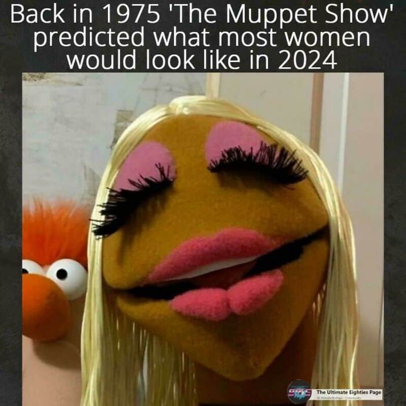 Muppet with long blonde hair, pink eyeshadow, and false eyelashes, with a puppet of Beaker in the背.