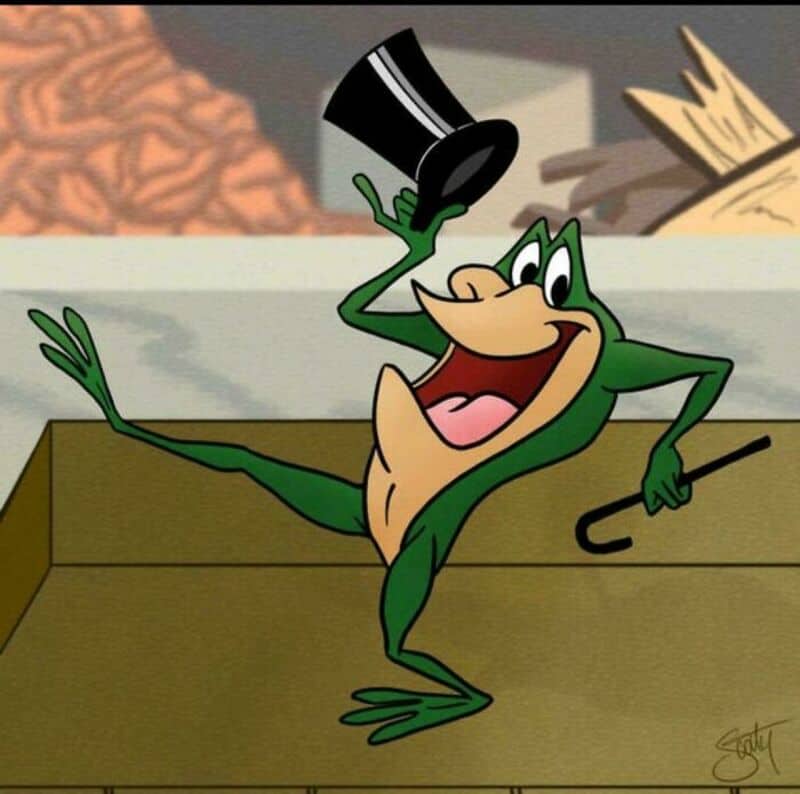 Cartoon frog with a top hat and cane, smiling and waving.
