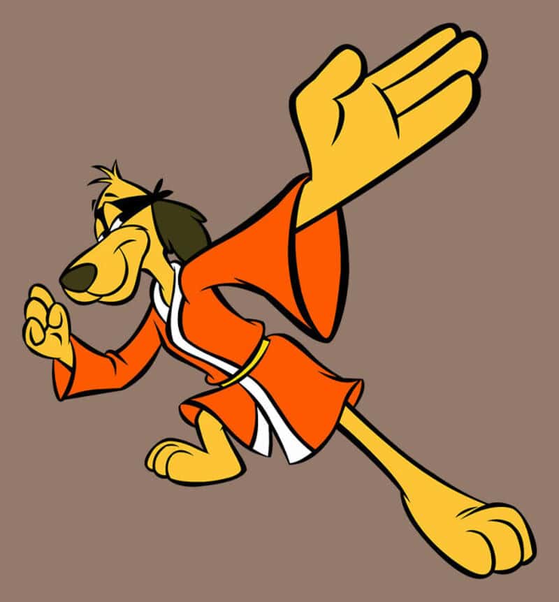 Cartoon dog in orange martial arts uniform performing a high kick.