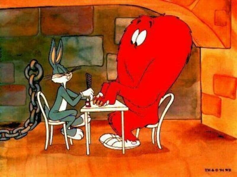 Bugs Bunny and a large red creature playing chess in a cozy room.