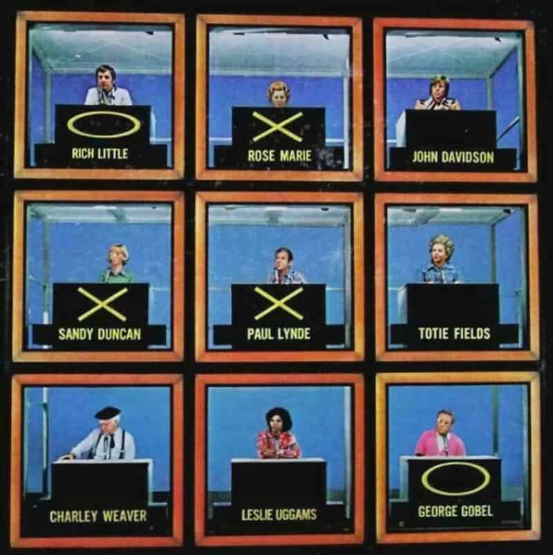 Game show panel with nine contestants, some with Xs and some with O's.