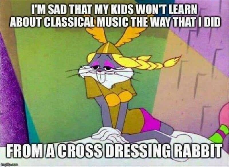 Sad cartoon rabbit in cross-dressing costume with text about kids not learning classical music.