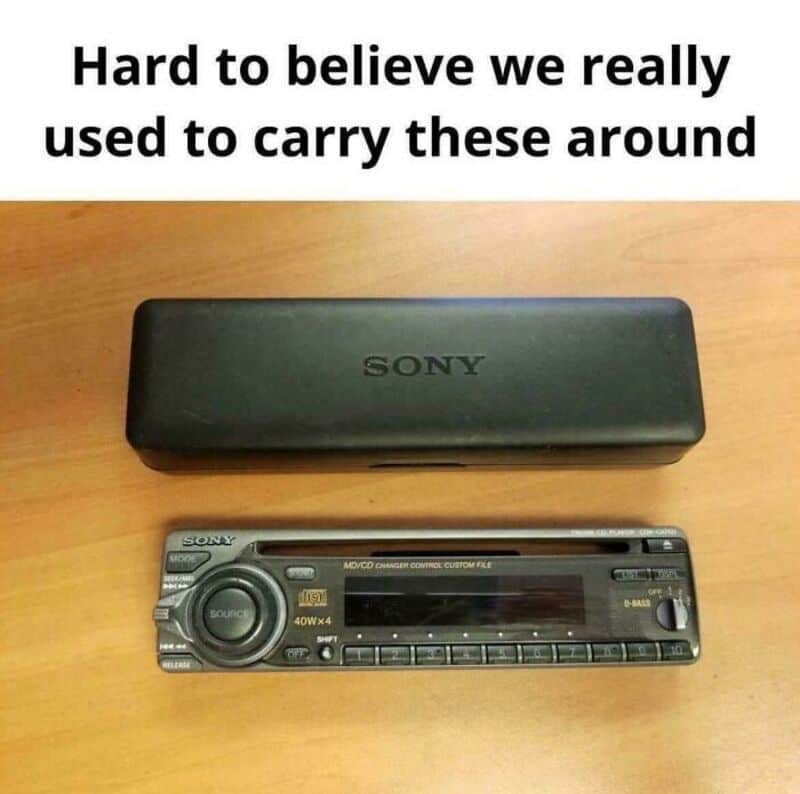Sony portable CD player with case, caption about carrying these around in the past.