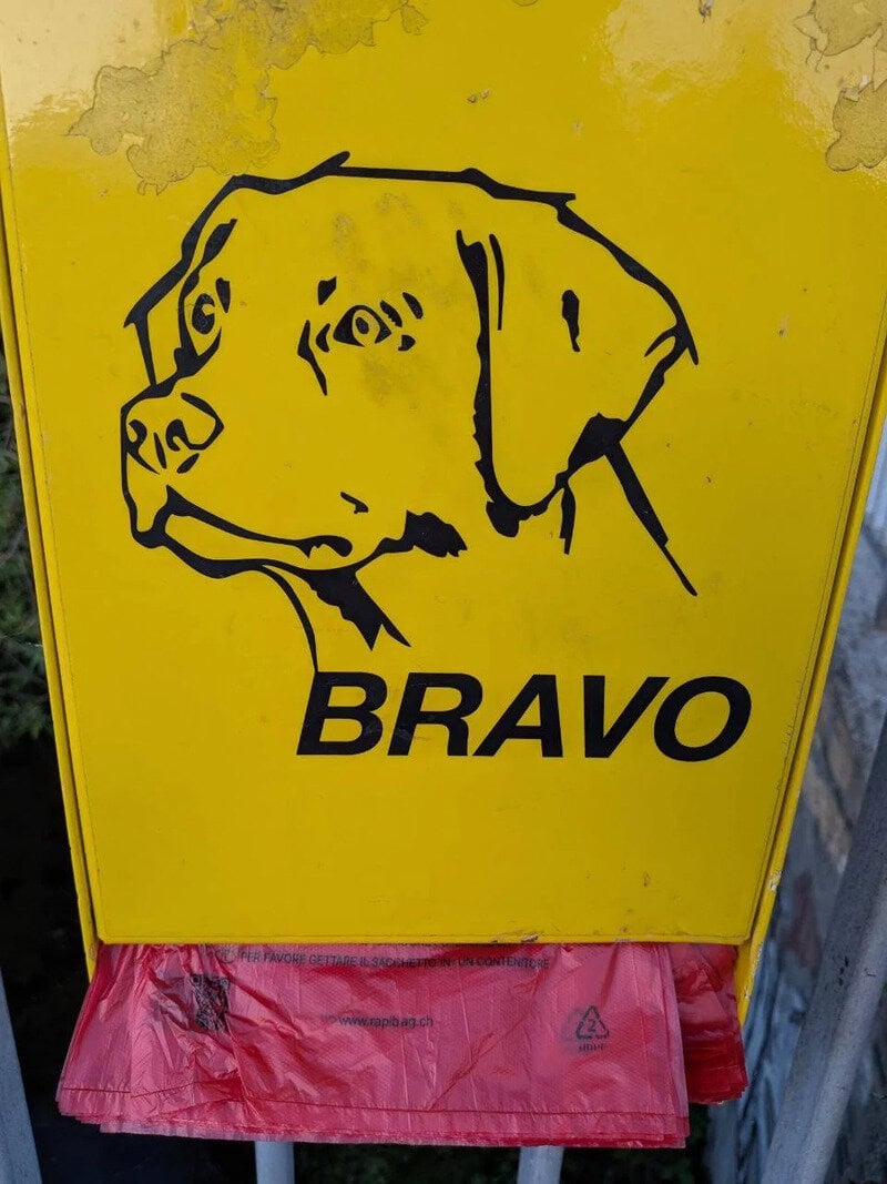 Sign with a dog's face and the word 'BRAVO' on a yellow background.