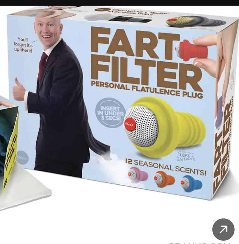 Fart Filter personal flatulence plug with humorous packaging and seasonal scents.