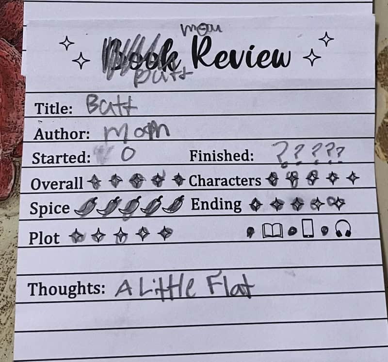 A handwritten review sheet with ratings and comments about a book called 'Batt' by 'mom'.