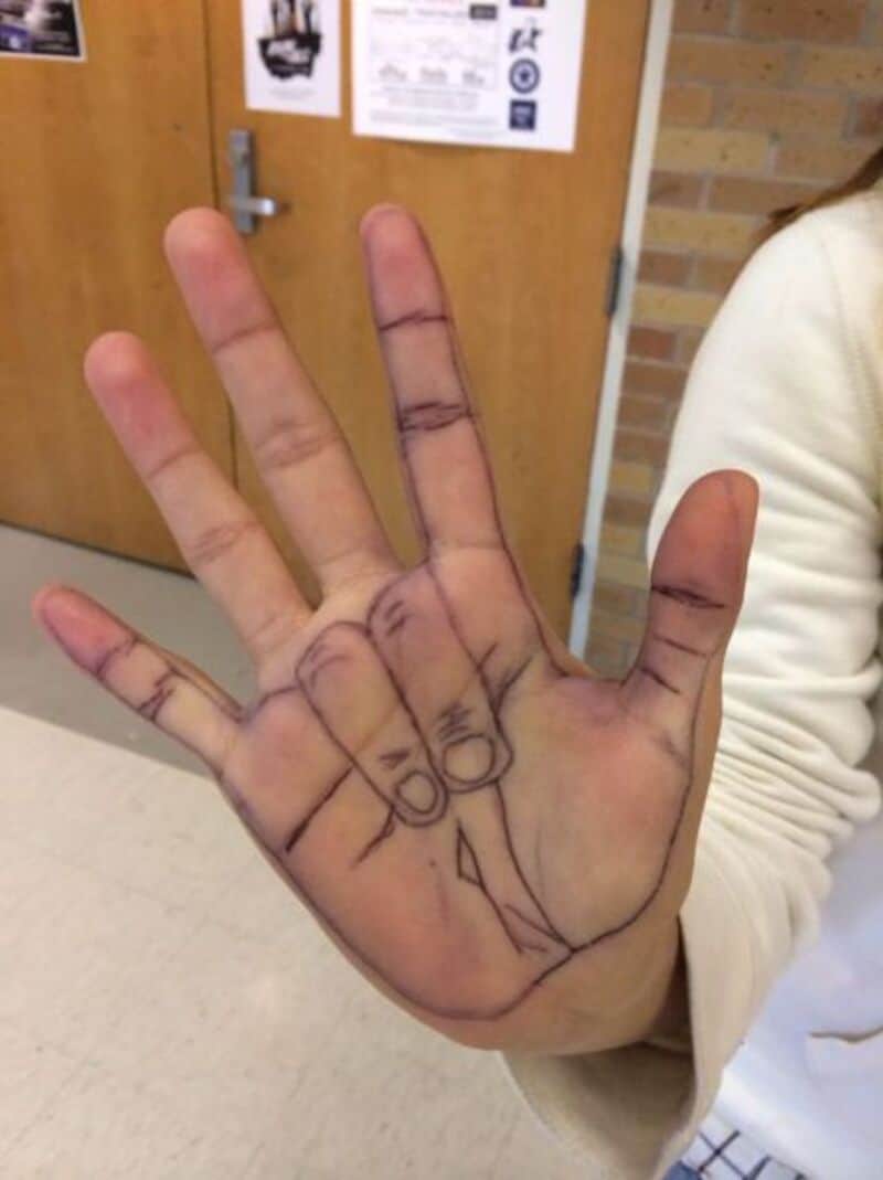 Hand with drawn lines and words, resembling a face and body, in a classroom.