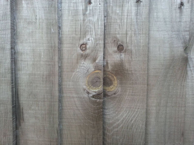 Wooden fence with a knot that looks like a face.