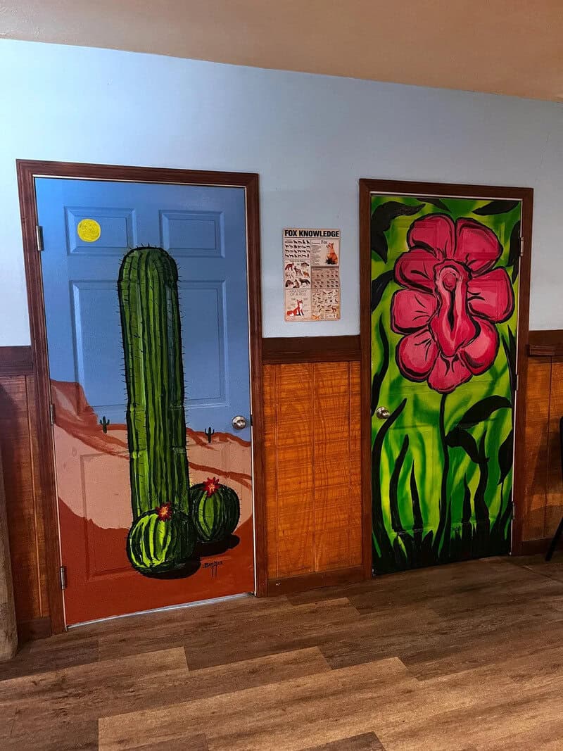 Door with cactus painting and adjacent door with pink flower painting.