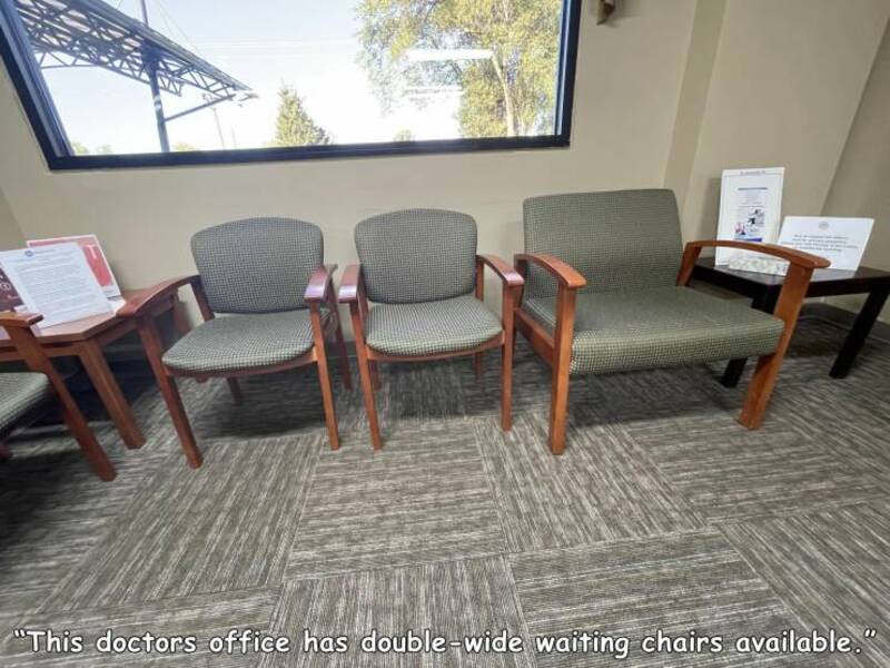 Three waiting chairs in a doctor's office, two single and one double-wide.