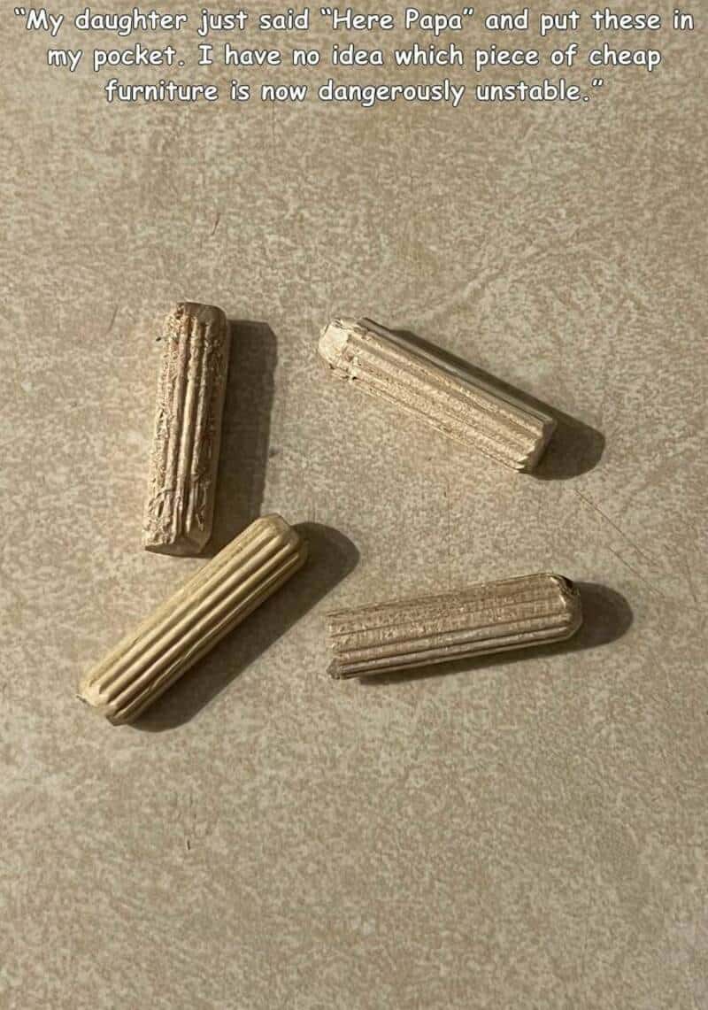 Four pieces of broken, unstable furniture on a beige surface with a humorous quote.