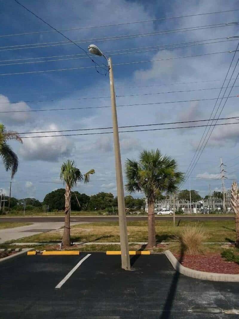 A streetlamp leaning at an angle in a parking lot with palm trees nearby.