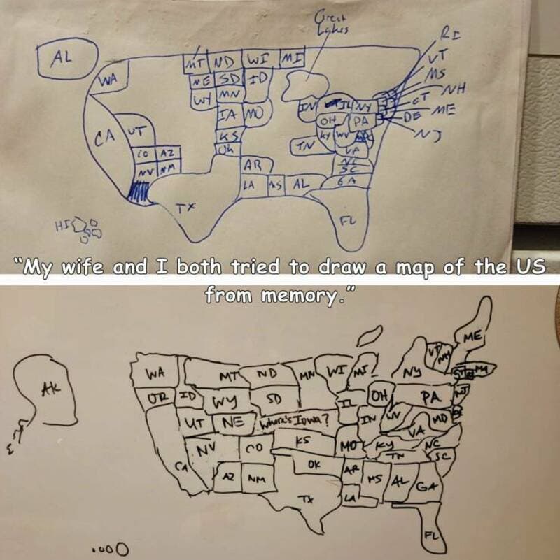 Hand-drawn map of the US with states labeled, with a caption about a couple's memory.
