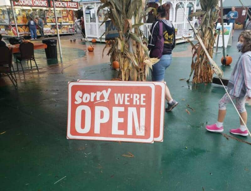Sign says 'Sorry We're Open' at an amusement park with pumpkins and palm trees.