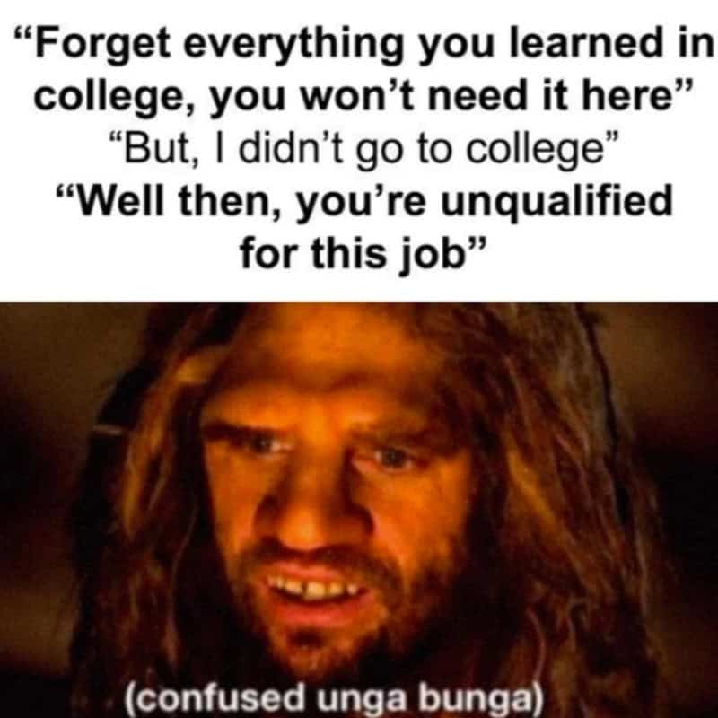 Meme with a man with dreadlocks and a confused expression, text about college and jobs.