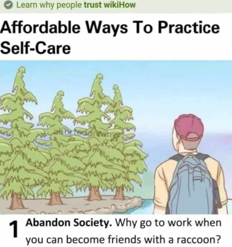 Self-care meme with trees and a person with a backpack, titled 'Affordable Ways To Practice Self-Ca.