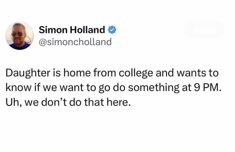 Simon Holland's tweet about daughter coming home from college at 9 PM.