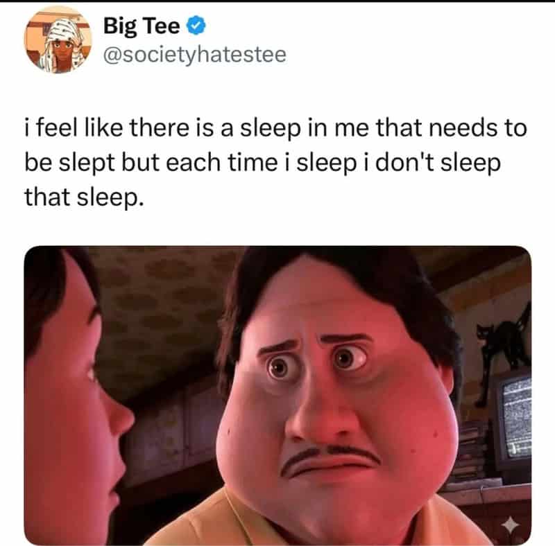 A meme with a cartoon character with a sad face and a real person in the background.
