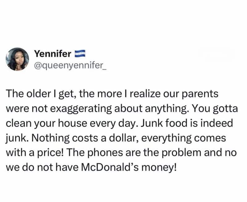 Text from a social media post about parents, junk food, and money.