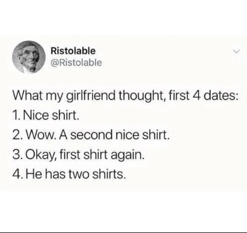 Twitter post by Ristolable about girlfriend's thoughts on first 4 dates.