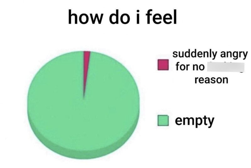 Pie chart showing feelings: mostly empty with a small angry segment.