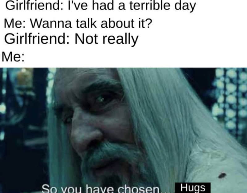 A meme with a scene from The Lord of the Rings, showing Gandalf with long white hair and beard.