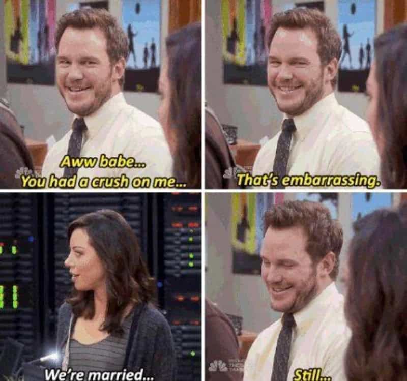 Scene from a TV show with a man and woman, with captions about a crush and marriage.