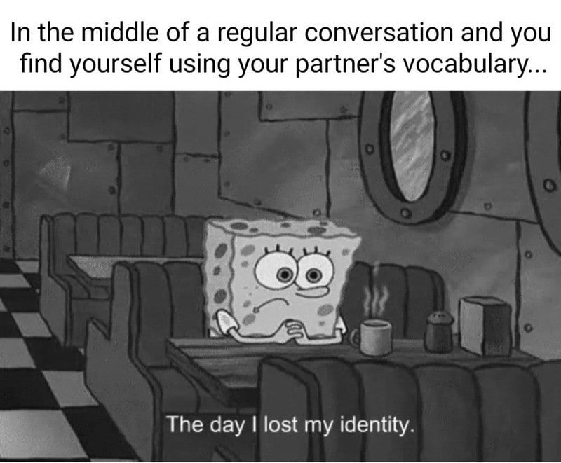SpongeBob sitting alone at a table with the caption 'The day I lost my identity.'.
