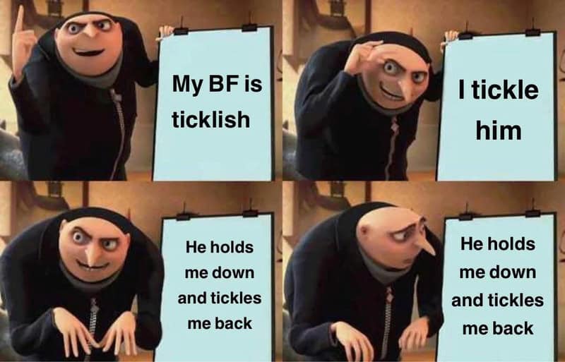 Despicable Me character holding signs about ticklish boyfriend.