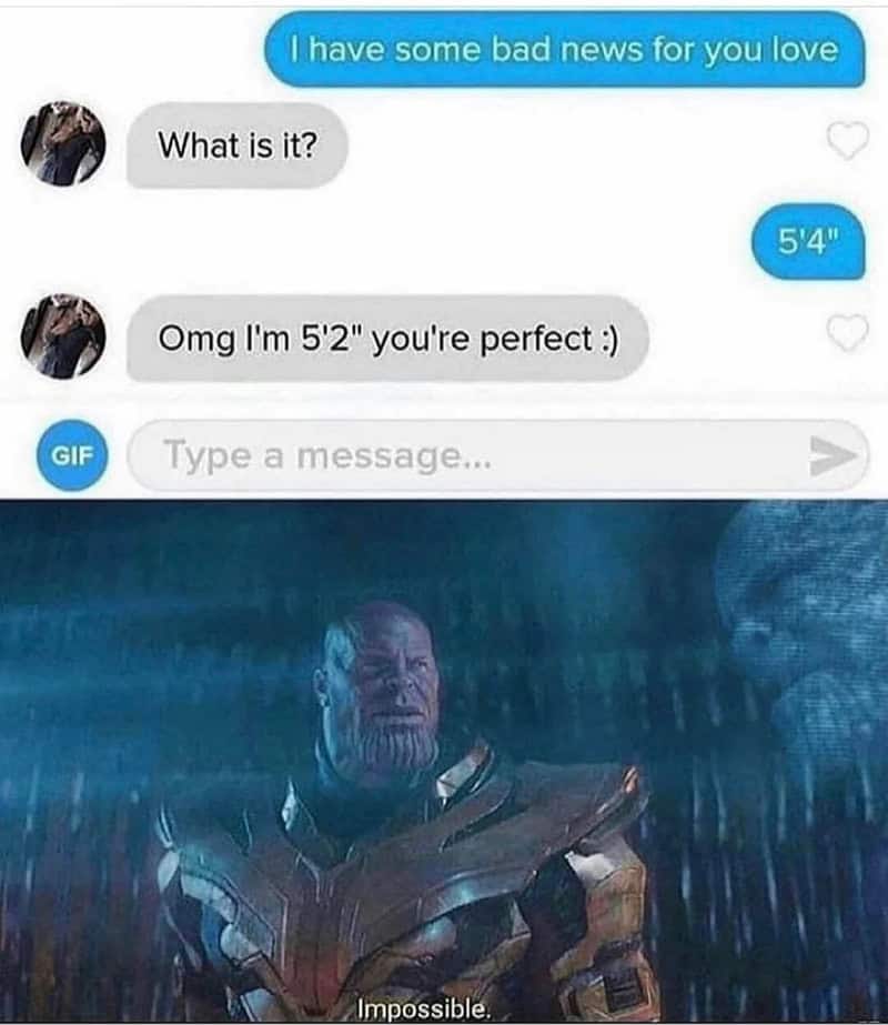 Text conversation about height with a scene from Avengers: Infinity War.