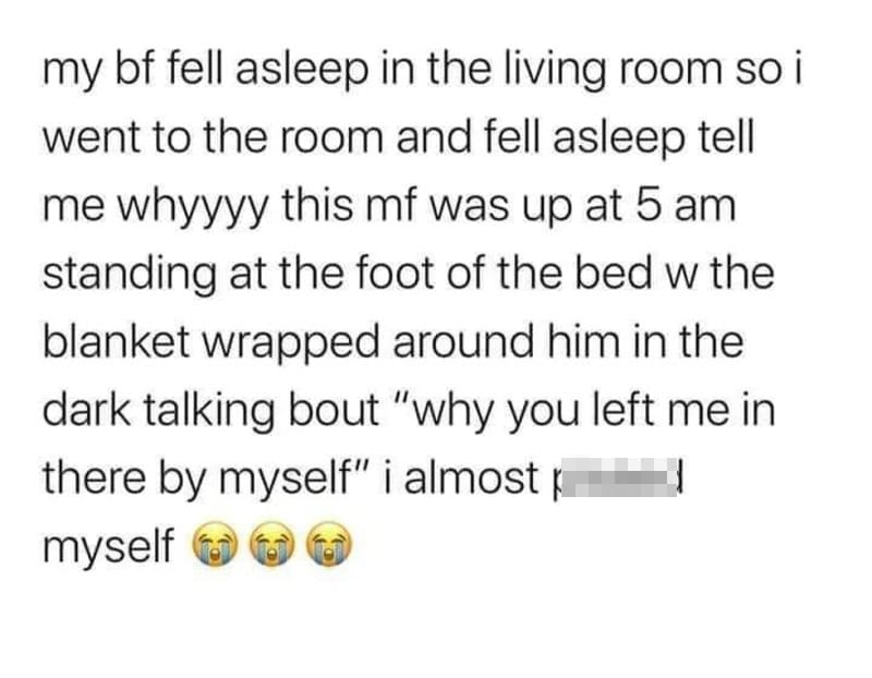 Text about boyfriend falling asleep and being left alone in bed at 5 am.