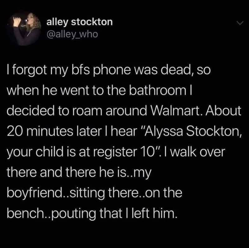 A woman finds her boyfriend sitting on a bench at Walmart, pouting.