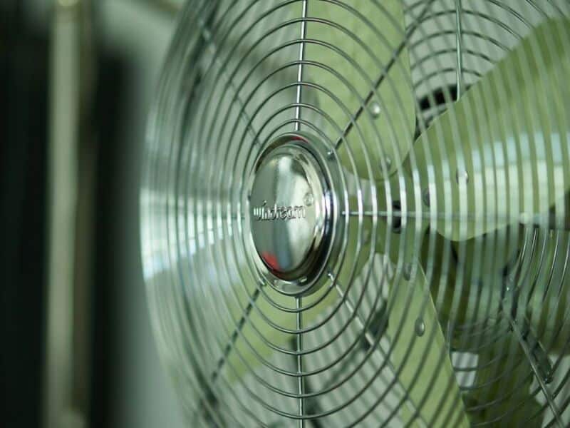Close-up of a metal fan with a protective grill and green blades.