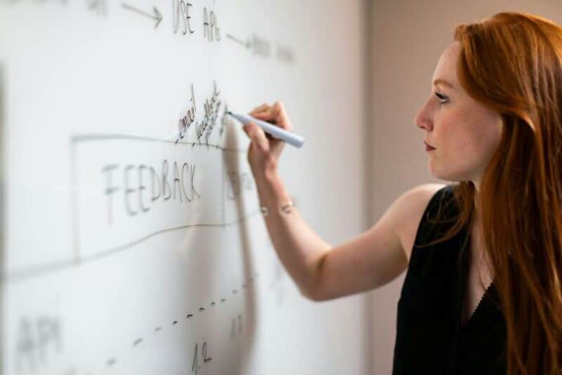 Woman writing on a whiteboard with feedback diagram.
